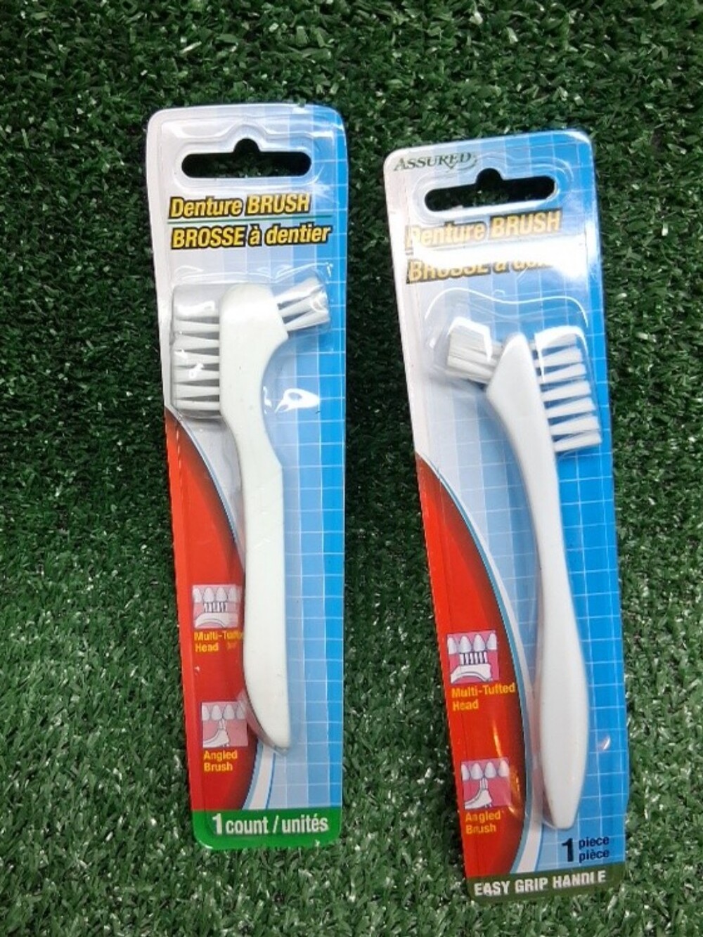 White Denture Brush Multi-Tufted Head Angled Easy Grip Contour Handle 5" 2 Pack